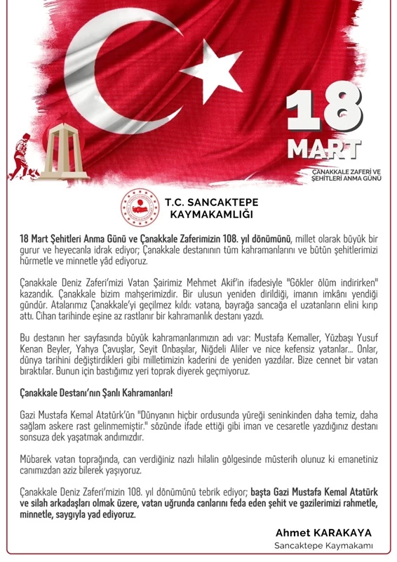 Sancaktepe Kaymakamı Ahmet Karakaya’nın 18 Mart Şehitleri Anma Günü ve Çanakkale Zaferi Mesajı